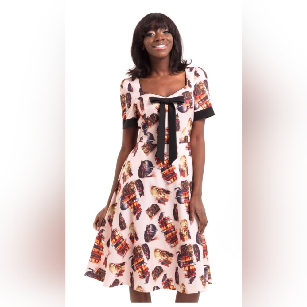 Voodoo Vixen Black and Pink Midi Library Cat Dress Size XL/12